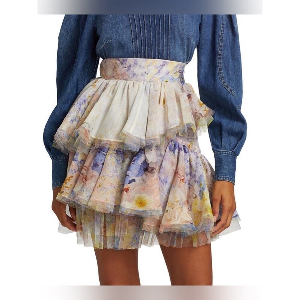Zimmermann Rhythmic Tulle Floral Tiered Mini Skirt - Picture 3 of 7